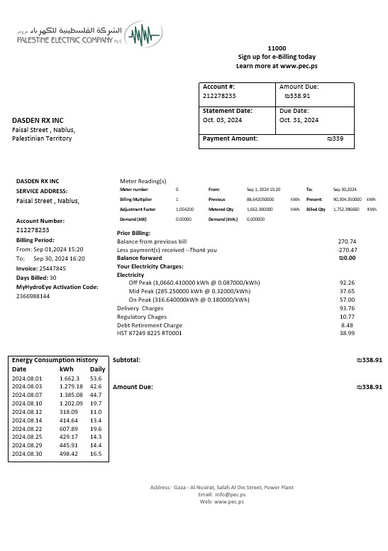 Palestine Electric Company (PEC) business utility bill template in Word and PDF formats